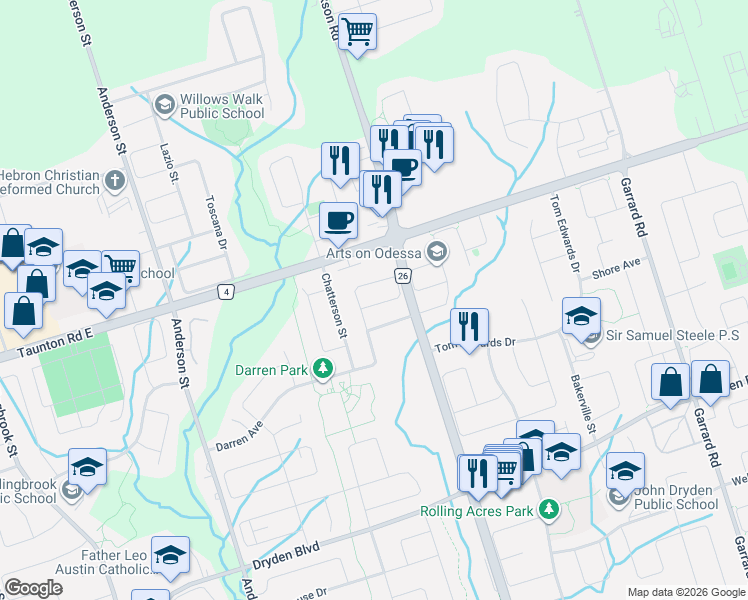 map of restaurants, bars, coffee shops, grocery stores, and more near 111 Bettina Place in Whitby