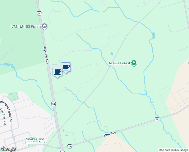 map of restaurants, bars, coffee shops, grocery stores, and more near 36 Kensington Drive in Richmond Hill