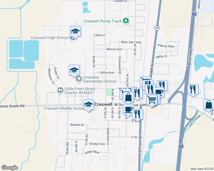 map of restaurants, bars, coffee shops, grocery stores, and more near 266 Harvey Road North in Creswell
