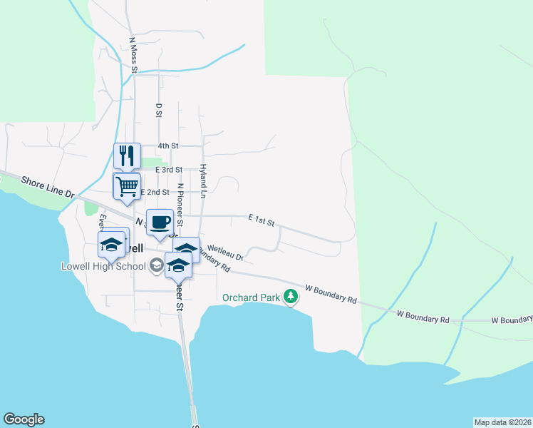map of restaurants, bars, coffee shops, grocery stores, and more near 465 East 1st Street in Lowell