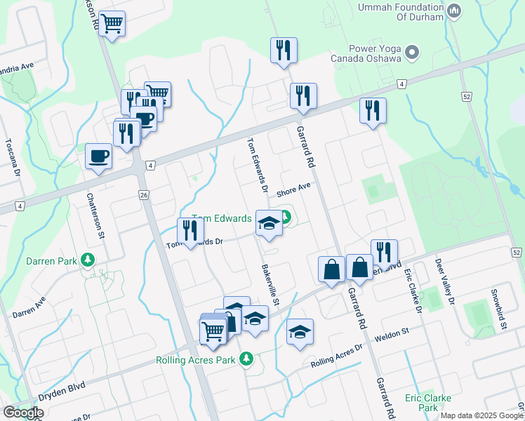 map of restaurants, bars, coffee shops, grocery stores, and more near 90 Tom Edwards Drive in Whitby