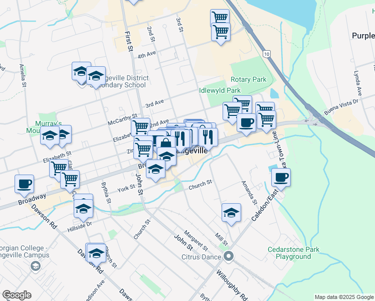 map of restaurants, bars, coffee shops, grocery stores, and more near in Orangeville