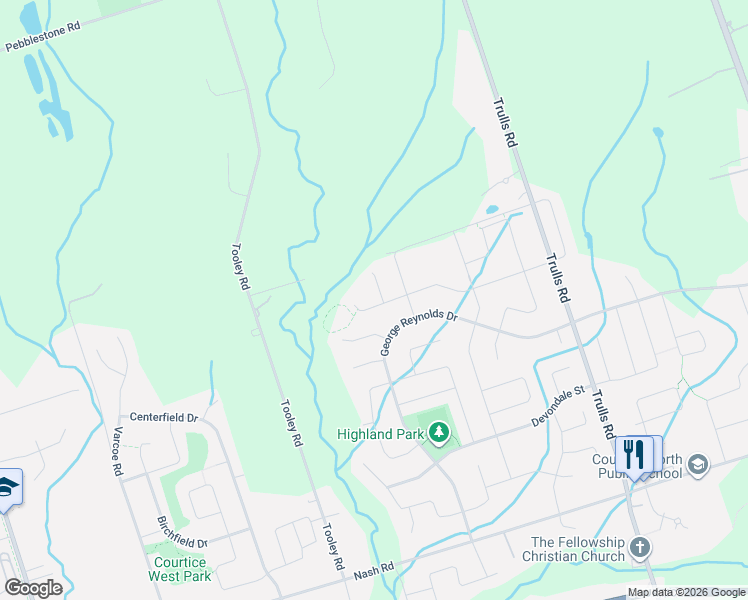 map of restaurants, bars, coffee shops, grocery stores, and more near 30 Page Place in Clarington