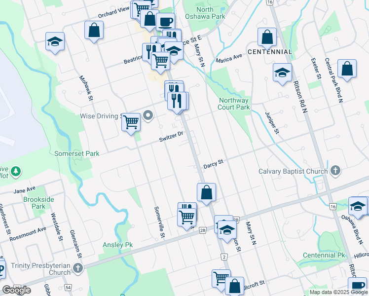 map of restaurants, bars, coffee shops, grocery stores, and more near in Oshawa