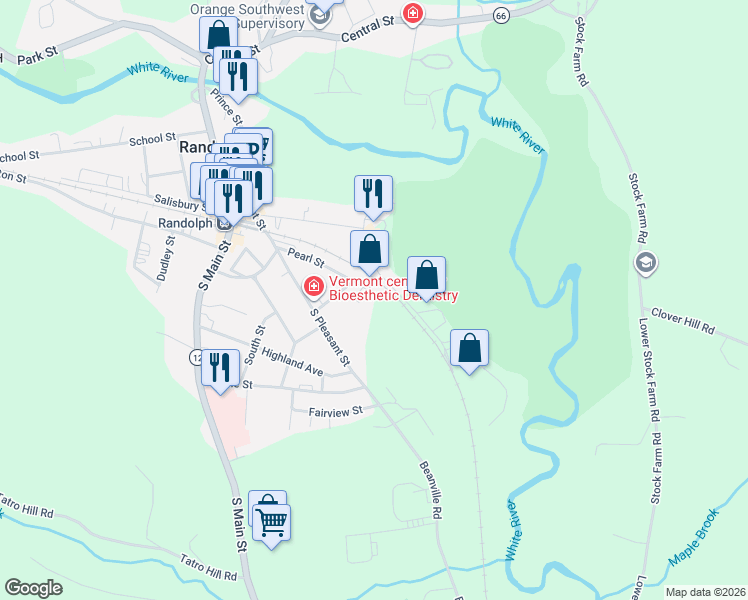 map of restaurants, bars, coffee shops, grocery stores, and more near 22 Pearl Street in Randolph