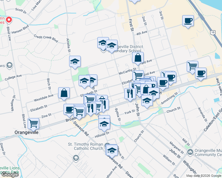 map of restaurants, bars, coffee shops, grocery stores, and more near 44 Elizabeth Street in Orangeville