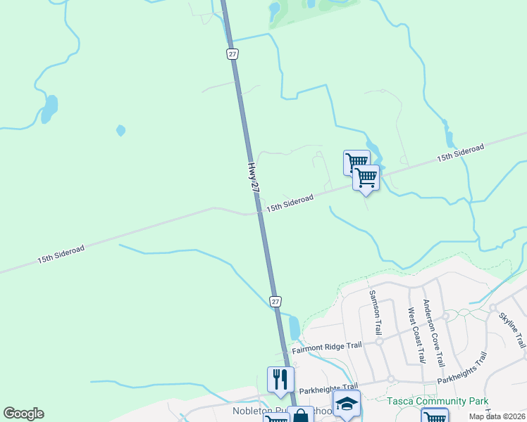 map of restaurants, bars, coffee shops, grocery stores, and more near 14155 Highway 27 in Schomberg