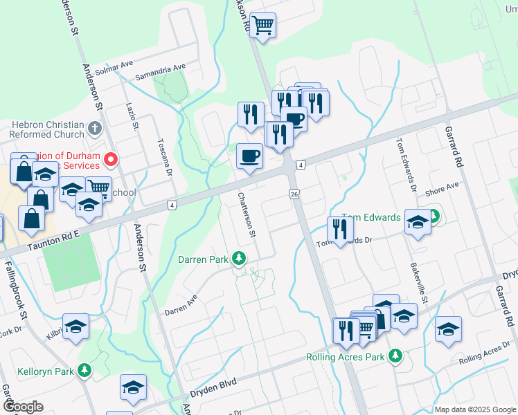 map of restaurants, bars, coffee shops, grocery stores, and more near 32 Bettina Place in Whitby
