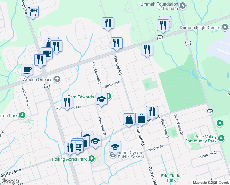 map of restaurants, bars, coffee shops, grocery stores, and more near 24 McIvor Street in Whitby