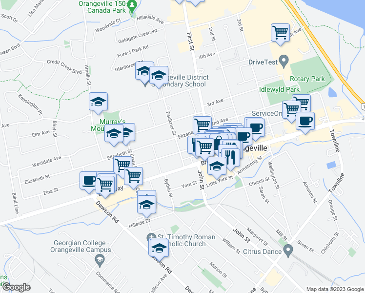 map of restaurants, bars, coffee shops, grocery stores, and more near 25 Zina Street in Orangeville