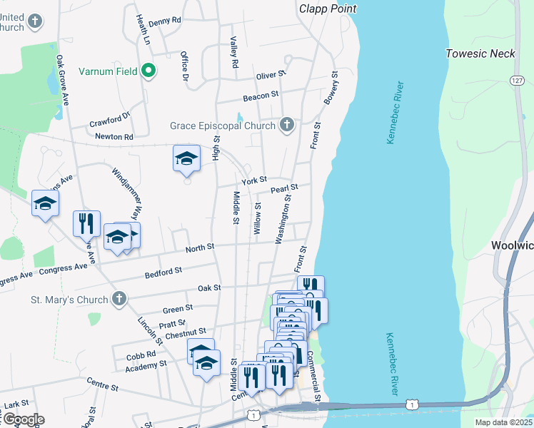 map of restaurants, bars, coffee shops, grocery stores, and more near 33 Willow Street in Bath