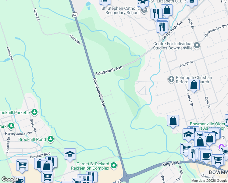map of restaurants, bars, coffee shops, grocery stores, and more near 2305 Bowmanville Avenue in Bowmanville