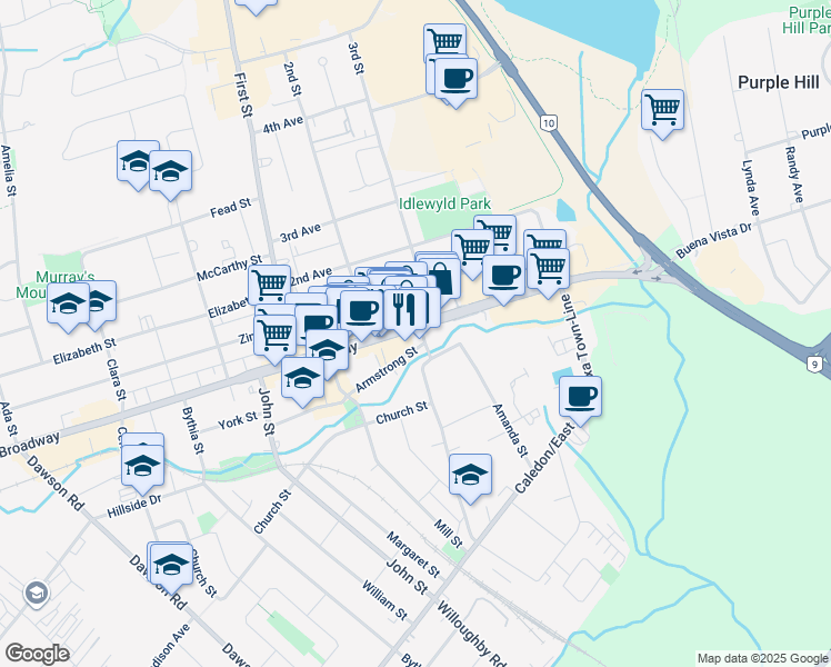 map of restaurants, bars, coffee shops, grocery stores, and more near 64 Broadway in Orangeville