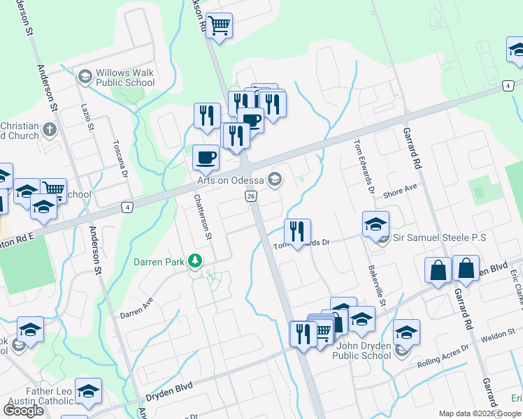 map of restaurants, bars, coffee shops, grocery stores, and more near 51 Odessa Crescent in Whitby