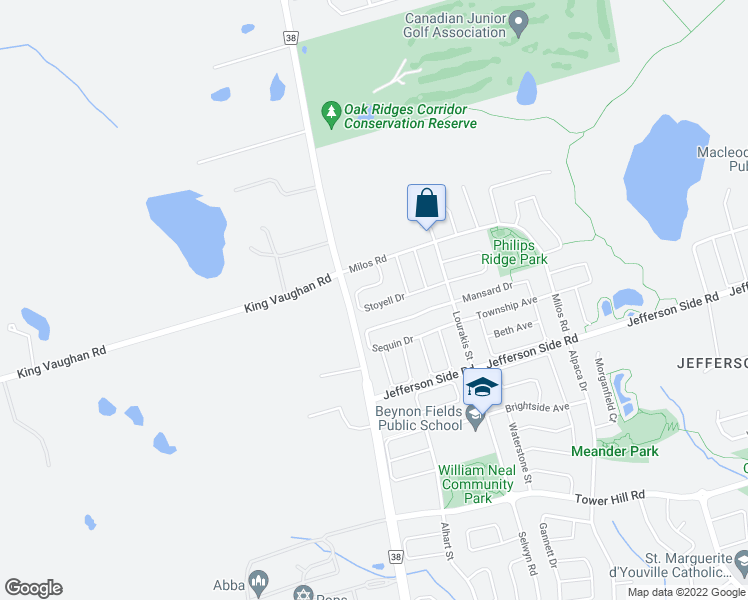 map of restaurants, bars, coffee shops, grocery stores, and more near 56 Stoyell Drive in Richmond Hill