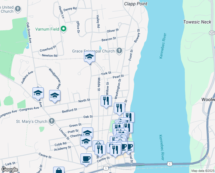 map of restaurants, bars, coffee shops, grocery stores, and more near 33 Willow Street in Bath
