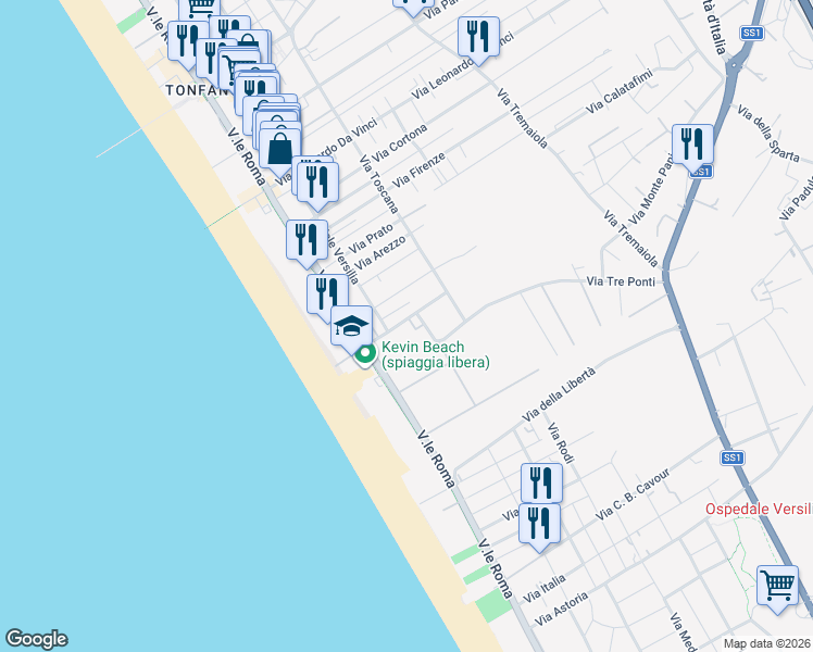map of restaurants, bars, coffee shops, grocery stores, and more near 10 Via Tolmino in Marina di Pietrasanta
