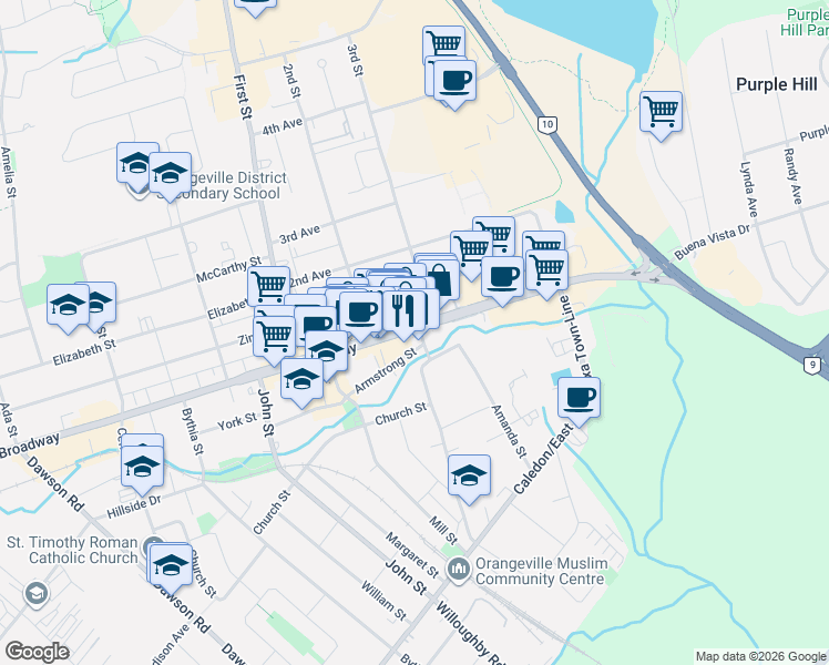 map of restaurants, bars, coffee shops, grocery stores, and more near 68 Broadway in Orangeville