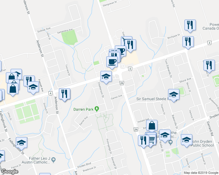 map of restaurants, bars, coffee shops, grocery stores, and more near 49 Bettina Place in Whitby