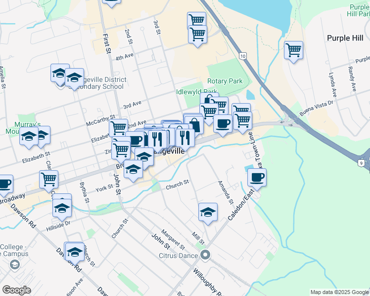map of restaurants, bars, coffee shops, grocery stores, and more near 64 Broadway in Orangeville