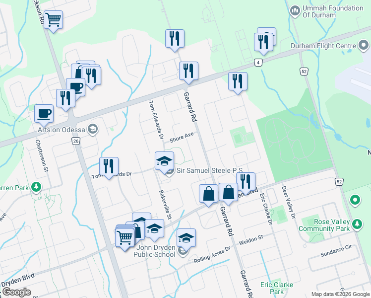map of restaurants, bars, coffee shops, grocery stores, and more near 26 McIvor Street in Whitby
