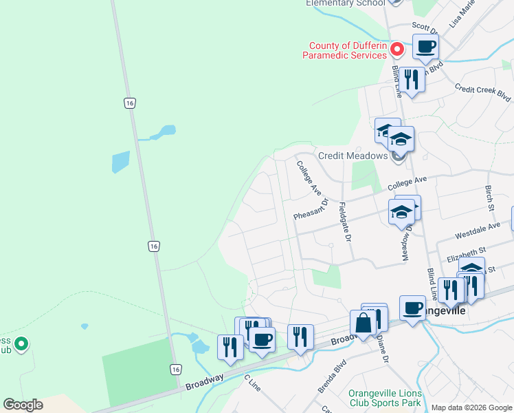 map of restaurants, bars, coffee shops, grocery stores, and more near 13 Porter Drive in Orangeville