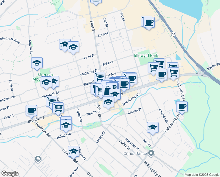 map of restaurants, bars, coffee shops, grocery stores, and more near 154 Broadway in Orangeville