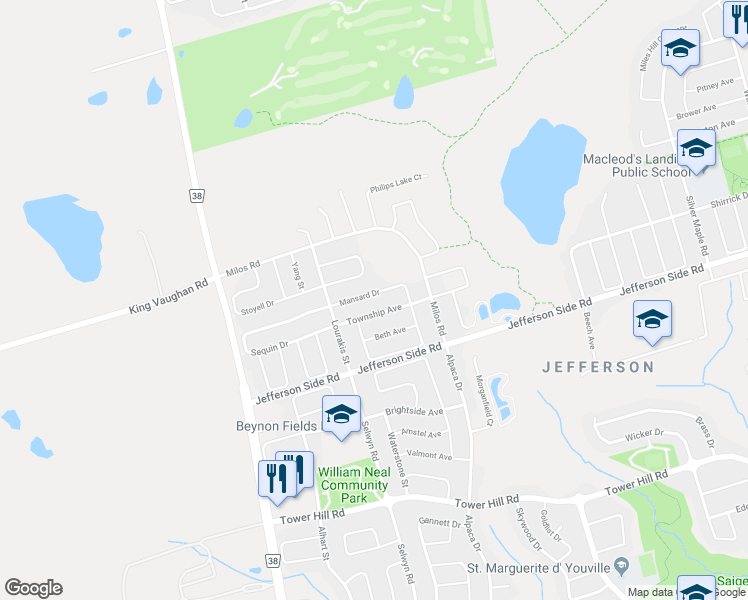 map of restaurants, bars, coffee shops, grocery stores, and more near 29 Mansard Drive in Richmond Hill