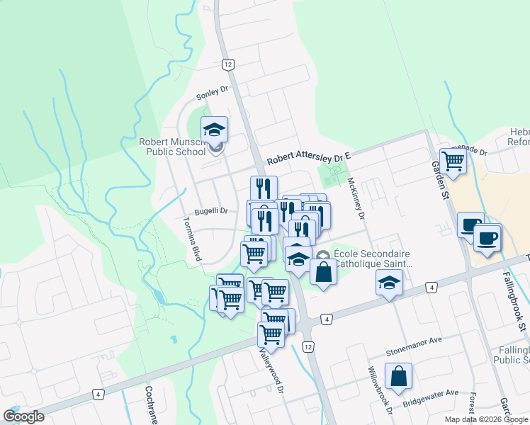 map of restaurants, bars, coffee shops, grocery stores, and more near 4170 Baldwin Street South in Whitby