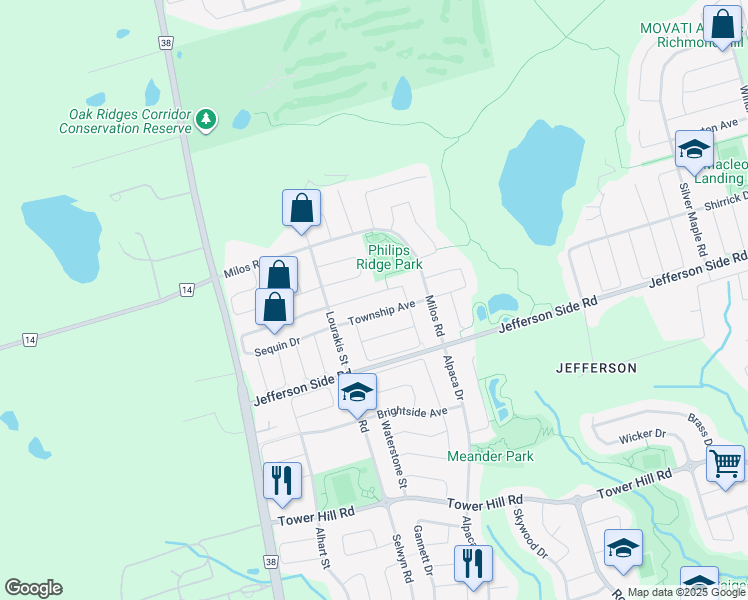 map of restaurants, bars, coffee shops, grocery stores, and more near 31 Mansard Drive in Richmond Hill