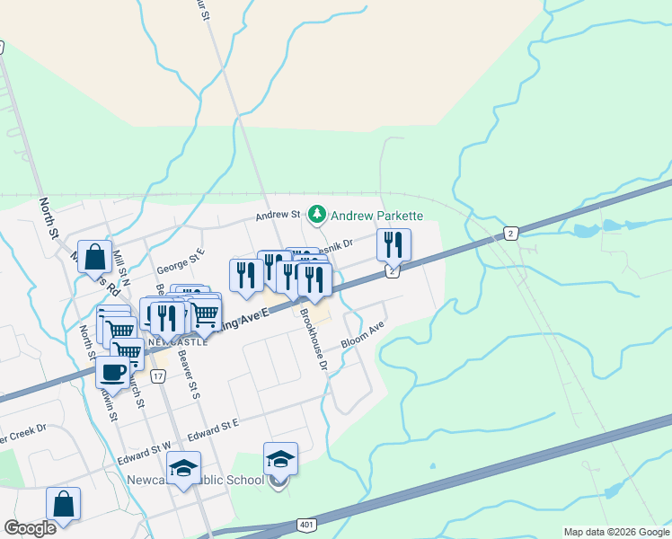 map of restaurants, bars, coffee shops, grocery stores, and more near 6 McAuliffe Street in Clarington