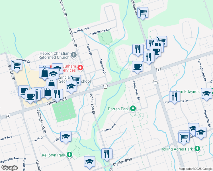 map of restaurants, bars, coffee shops, grocery stores, and more near 660 Taunton Road East in Whitby