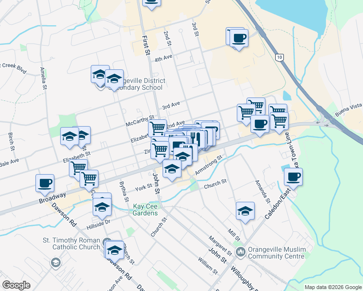 map of restaurants, bars, coffee shops, grocery stores, and more near in Orangeville