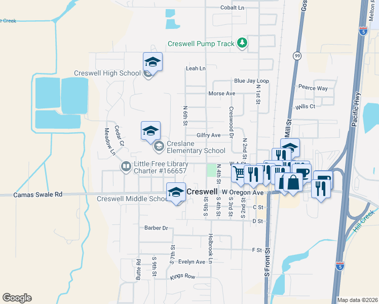 map of restaurants, bars, coffee shops, grocery stores, and more near 286 North 6th Street in Creswell