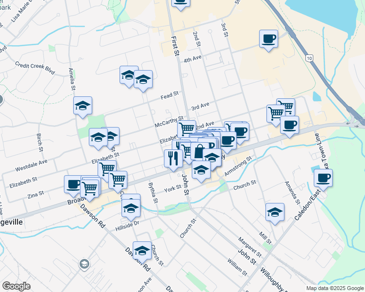map of restaurants, bars, coffee shops, grocery stores, and more near 7 Zina Street in Orangeville
