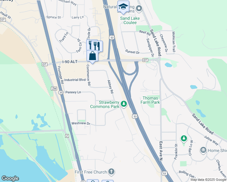 map of restaurants, bars, coffee shops, grocery stores, and more near N5520 Abbey Road in Onalaska