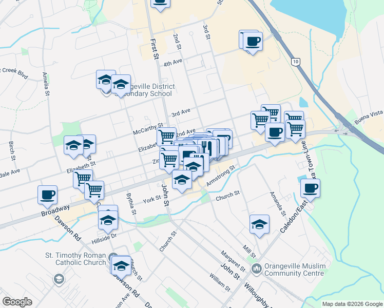 map of restaurants, bars, coffee shops, grocery stores, and more near 18 First Avenue in Orangeville