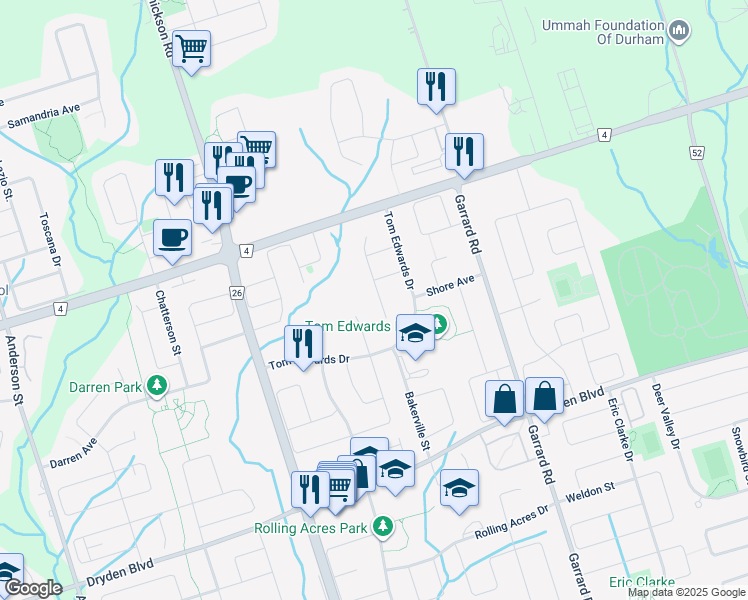 map of restaurants, bars, coffee shops, grocery stores, and more near 12 Berkshire Court in Whitby