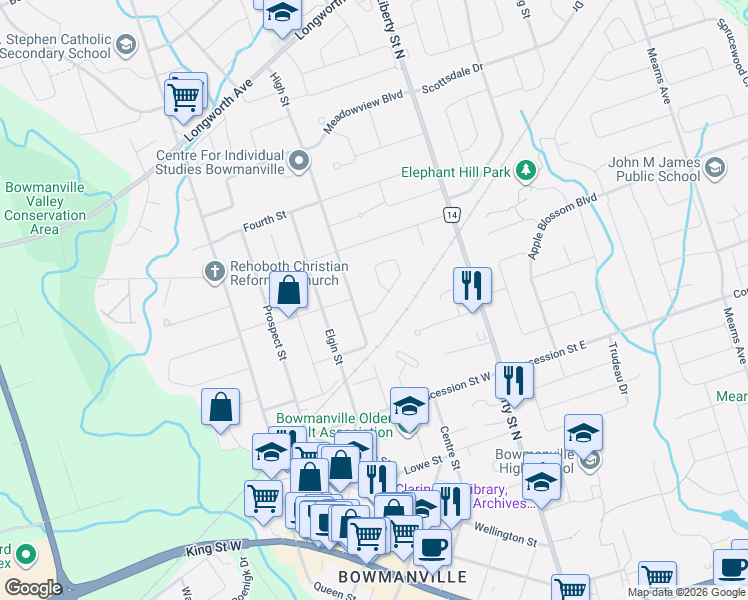 map of restaurants, bars, coffee shops, grocery stores, and more near 4 Prout Drive in Clarington