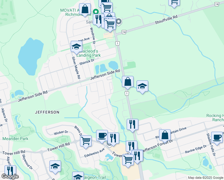 map of restaurants, bars, coffee shops, grocery stores, and more near 45 Harris Avenue in Richmond Hill