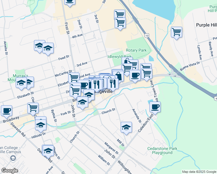 map of restaurants, bars, coffee shops, grocery stores, and more near 64 Broadway in Orangeville