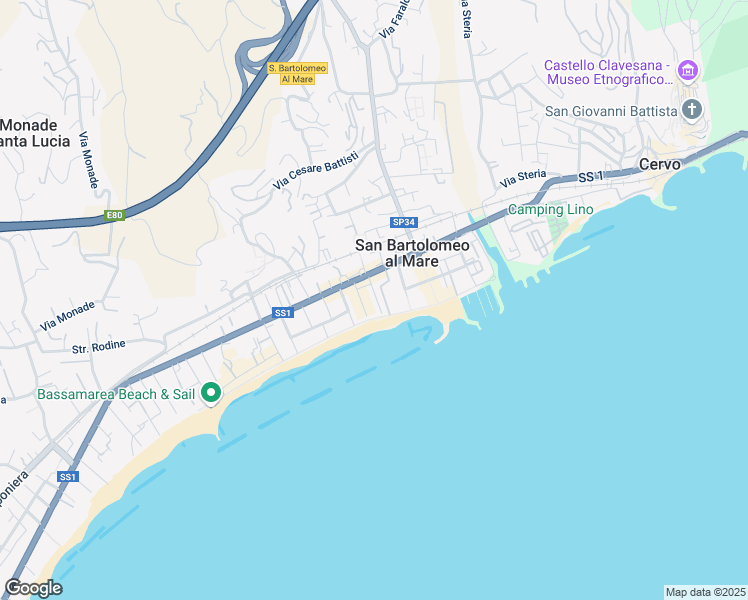 map of restaurants, bars, coffee shops, grocery stores, and more near Lungomare delle Nazioni in San Bartolomeo Al Mare