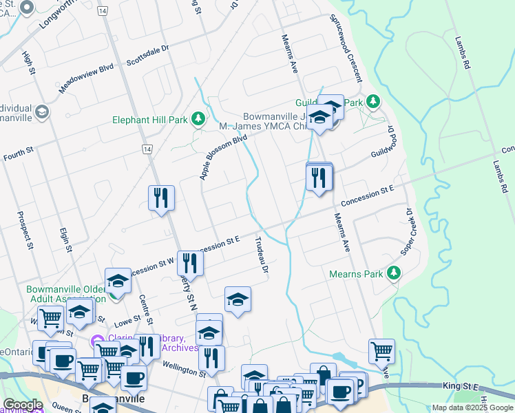 map of restaurants, bars, coffee shops, grocery stores, and more near 14 Mann Street in Bowmanville