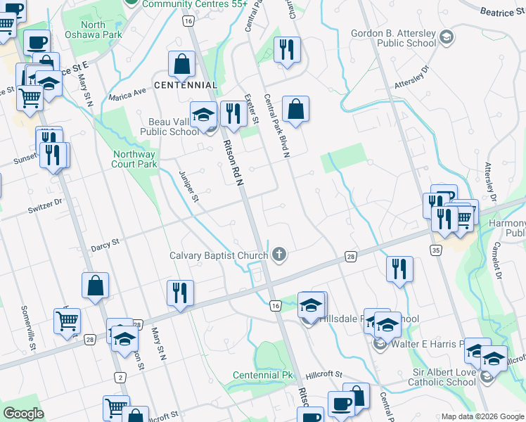 map of restaurants, bars, coffee shops, grocery stores, and more near Lexington Street in Oshawa