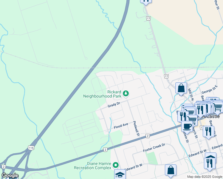 map of restaurants, bars, coffee shops, grocery stores, and more near 107 Grady Drive in Newcastle