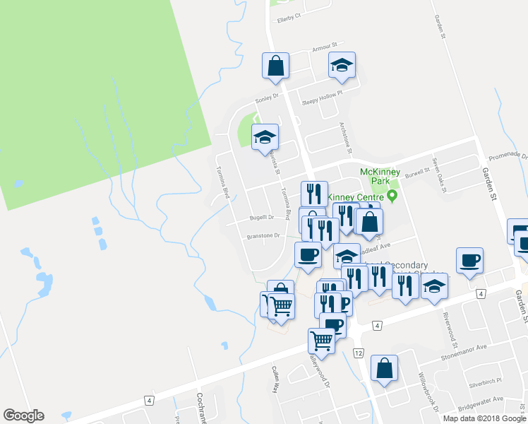 map of restaurants, bars, coffee shops, grocery stores, and more near 18 Bugelli Drive in Whitby
