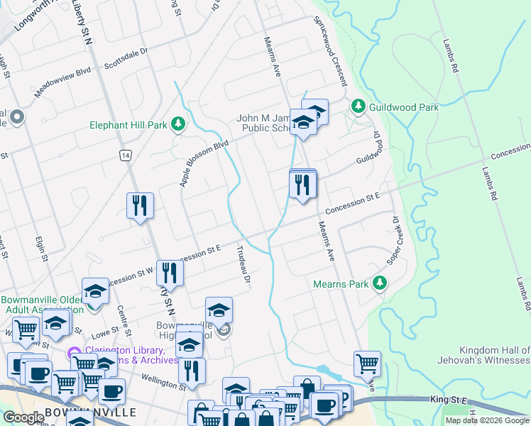 map of restaurants, bars, coffee shops, grocery stores, and more near 17 Bradshaw Street in Clarington