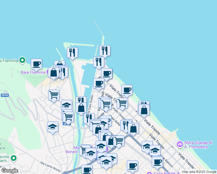map of restaurants, bars, coffee shops, grocery stores, and more near 40 Viale Napoli in Pesaro