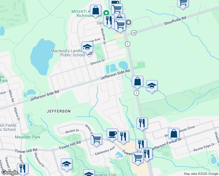 map of restaurants, bars, coffee shops, grocery stores, and more near 19 Rhine River Street in Richmond Hill