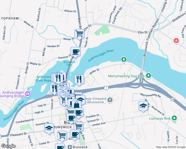map of restaurants, bars, coffee shops, grocery stores, and more near 12 Stone Street in Brunswick